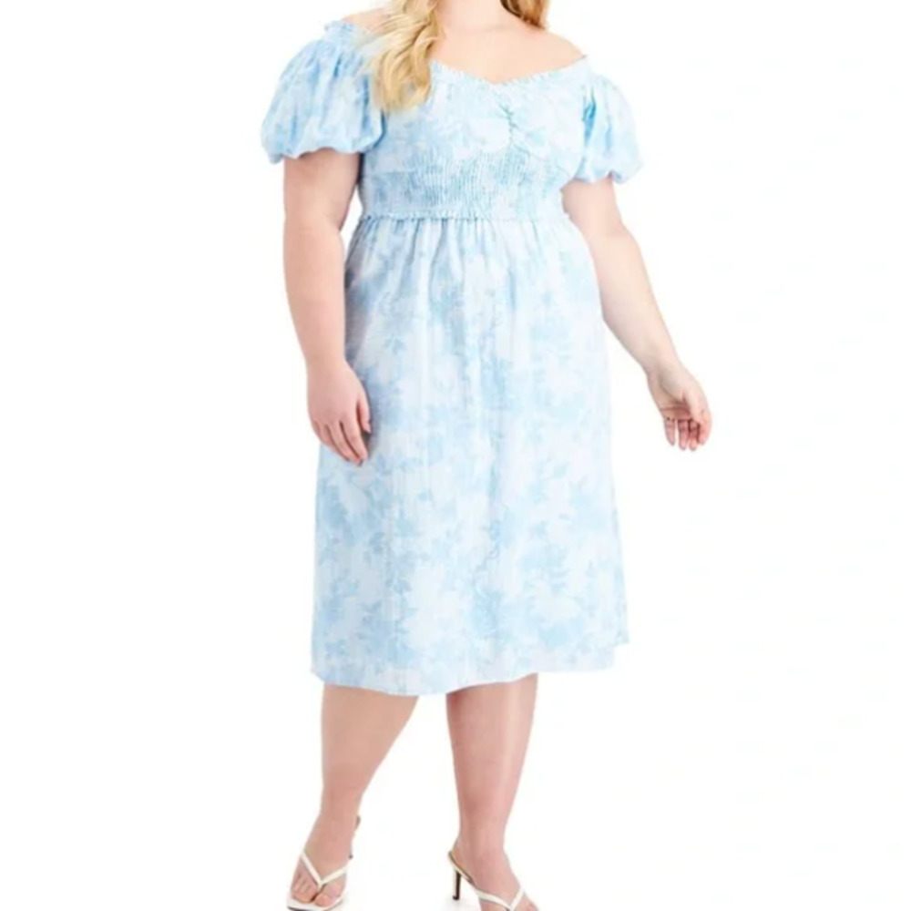 INC International Concepts Women's 4X Blue Puff Sleeves Floral Smocked Dress